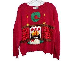 Vintage Fireplace Dog Christmas Sweater Marnie West Red Size Large